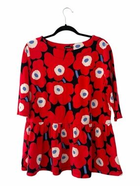 Marimekko Red Poppy Unikko Floral Print Peplum Shirt Colorful Artsy Size 2XL